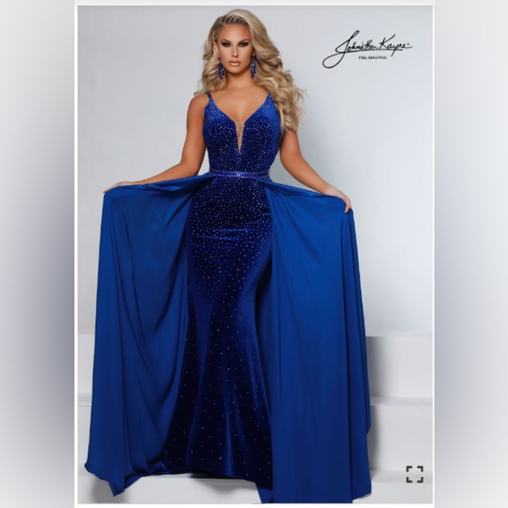 Size 8 Johnathan Kayne royal blue velvet dress with charmeuse overskirt.